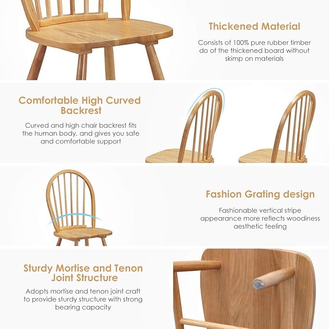 HOMGX Wooden Set, 100% Rubber Timber, Solid Structure Retro Side, Dining, Living Room, etc. Round Legs Vintage Kitchen Chairs (Set of 2), Wood Color