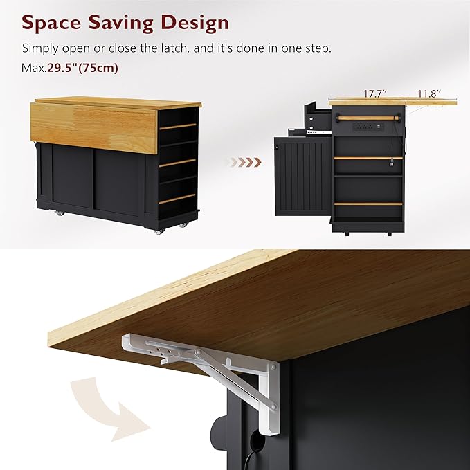 Ball & Cast Kitchen Island with 2 Bar Stools and Power Outlet,Rolling Kitchen Cart on 5 Wheels W/Drop Leaf&5 Open Side Racks,Kitchen Storage Cart W/Adjustable Shelf,for Kitchen,Dining Room,Black,48"