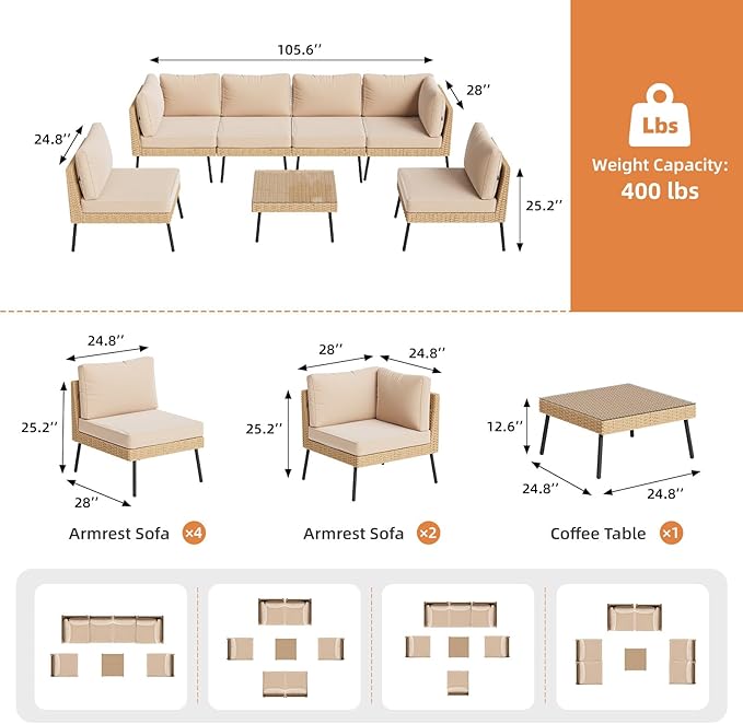 Aoxun Outdoor Patio Furniture Set, 7-Piece Wicker Patio Conversation Set Sectional Sofa with Water Resistant Thick Cushion & Coffee Table for Backyard Porch Poolside, Beige