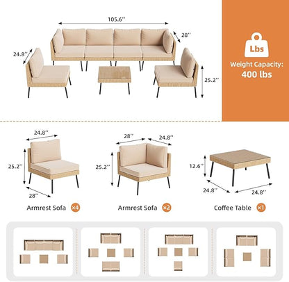 Aoxun Outdoor Patio Furniture Set, 7-Piece Wicker Patio Conversation Set Sectional Sofa with Water Resistant Thick Cushion & Coffee Table for Backyard Porch Poolside, Beige