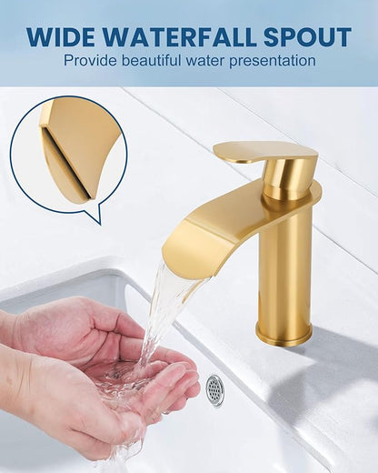 WOWOW Waterfall Bathroom Faucet, Gold Bathroom Sink Faucet for 1 Hole or 3 Holes, Single Handle Vanity with Metal Pop up Drain, Stainless Steel Basin Sink Faucet Tap for RV Lavatory
