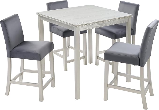 5 Piece Counter Height Table Set, Wooden Kitchen Table Set with Square Table and 4 Upholstered Chairs, Counter Height Dining Table with Crystal Decoration and Chair Set, Silver Grey