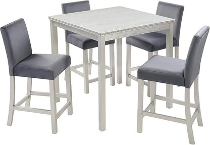 5 Piece Counter Height Table Set, Wooden Kitchen Table Set with Square Table and 4 Upholstered Chairs, Counter Height Dining Table with Crystal Decoration and Chair Set, Silver Grey