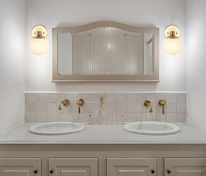 JONATHAN Y 5.75" Brass Gold/Black 1-Light Modern Globe LED Vanity Wall Sconce Light, White Frosted Glass Shade, Mid-Century Art Deco Wall Lamp for Bathroom, Kitchen, Hallway JYL3540A