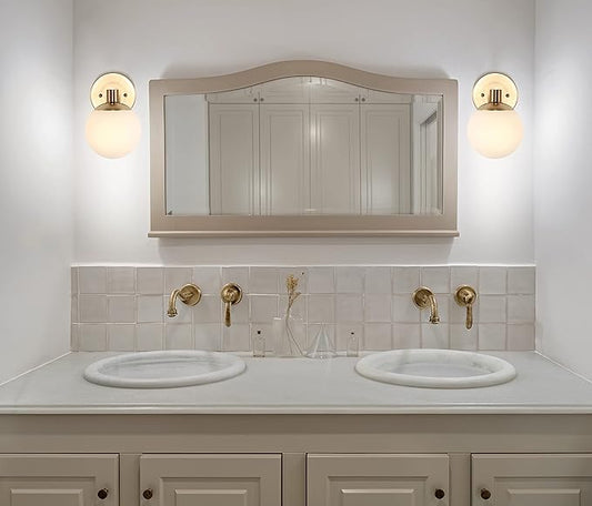 JONATHAN Y 5.75" Brass Gold/Black 1-Light Modern Globe LED Vanity Wall Sconce Light, White Frosted Glass Shade, Mid-Century Art Deco Wall Lamp for Bathroom, Kitchen, Hallway JYL3540A
