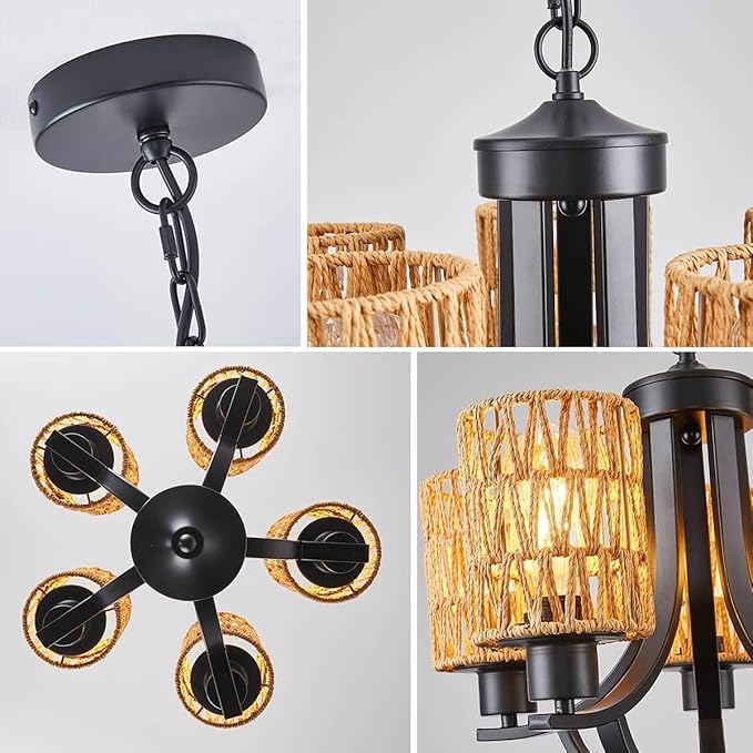 5-Light Dining Room Chandelier,Modern Small Rattan Chandeliers Black Rustic Metal Farmhouse High Ceiling Pendant Light Fixtures for Living Room,Kitchen,Foyer,Bedroom