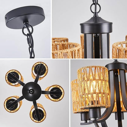5-Light Dining Room Chandelier,Modern Small Rattan Chandeliers Black Rustic Metal Farmhouse High Ceiling Pendant Light Fixtures for Living Room,Kitchen,Foyer,Bedroom