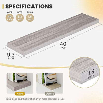 Acovy 40 Inch Floating Shelves, 9.3" Deep Floating Shelf Wall Mounted, 40" Wall Shelves, Rustic Deep Bookshelf, Large Display Shelves & Storage Shelves for Bedroom, Living Room, Gray, Set of 2