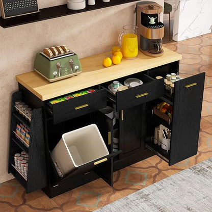 58'' Multi-Functional Storage Sideboard with Trash Can Storage and Adjustable Shelves, Console Table with Sliding Door Cabinet, Kitchen Island with 3-Tier Spice Rack for Dining Room (Black)