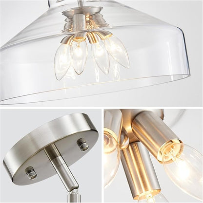 WUZUPS Chandelier Rustic Farmhouse Industrial Round Ceiling Pendant LED Light Fixture with Clear Glass Shades for Dining Room Kitchen Island Foyer Entryway, H 11.8" W 15", E26 Base, Gold
