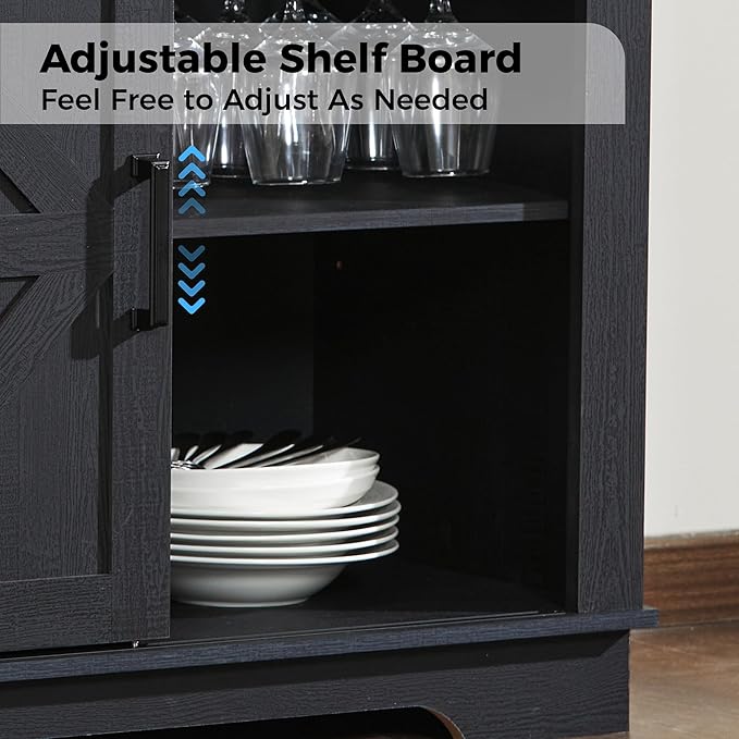 Buffet Cabinet with Storage, Farmhouse Coffee Bar Cabinet with Goblet Holder and Drawer, Sideboard with Barn Door for Kitchen, Dining Room, Living Room, Black
