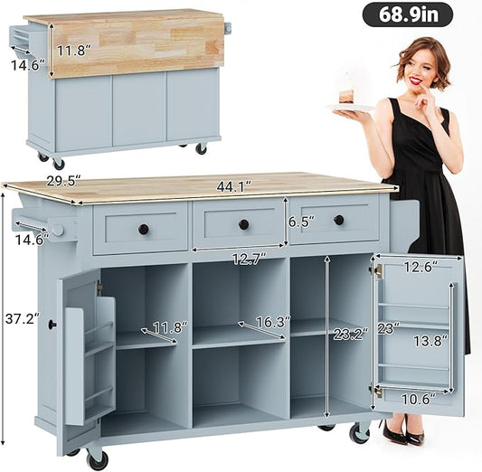 Rovibek Kitchen Island with Drawers 53 in Rolling Island Cart Mobile Portable Islands on Wheels Solid Wood Island with Storage Cabinet & Drawers, Blue