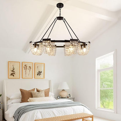 36" Black Chandelier, 6-Light Crystal Chandeliers for Dining Room, Dining Room Light Fixtures Over Table, Farmhouse Kitchen Island Lighting, Modern Pendant Lights for Living Room, Bedroom, Entryway