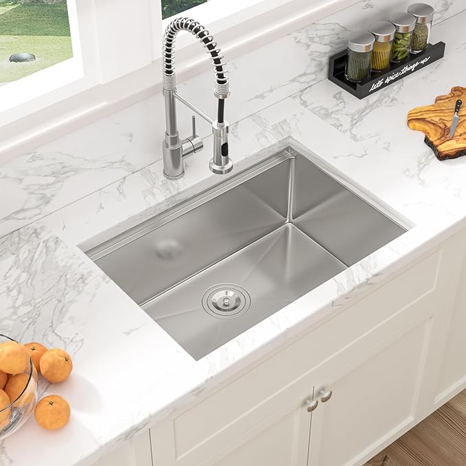 Sarlai 26 Undermount Kitchen Sink - 26" x 19" Undermount Kitchen Sinks Workstation Stainless Steel 16 Gauge Single Bowl Under Counter Kitchen Sink Basin With Round Corner Thickened Plate