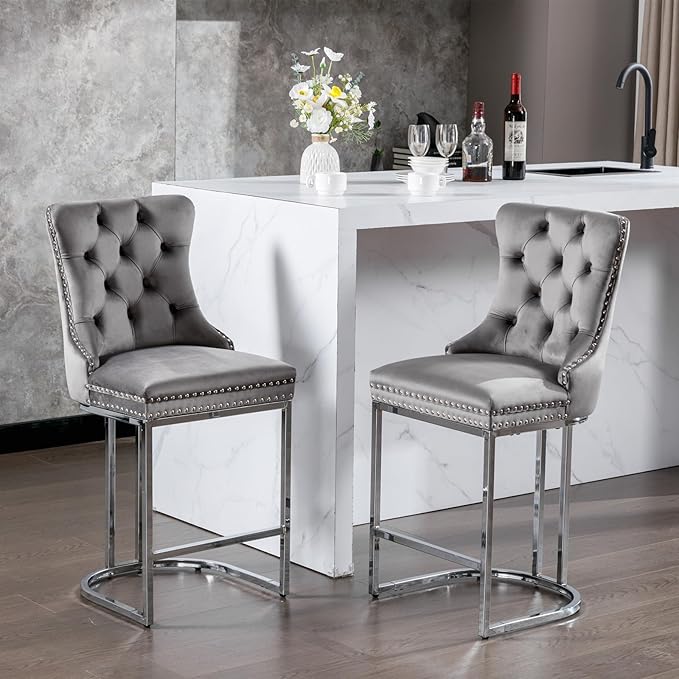26" Counter Height Bar Stools Set of 2, Modern Velvet with Button Back Rivet Trim Upholstered Kitchen Island Chairs with Sturdy Chromed Metal Base Legs Farmhouse Bar Stools, (Gray,2 Pack)