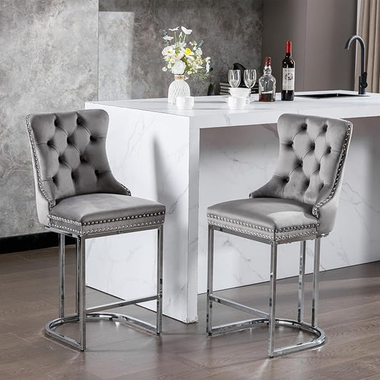 26" Counter Height Bar Stools Set of 2, Modern Velvet with Button Back Rivet Trim Upholstered Kitchen Island Chairs with Sturdy Chromed Metal Base Legs Farmhouse Bar Stools, (Gray,2 Pack)