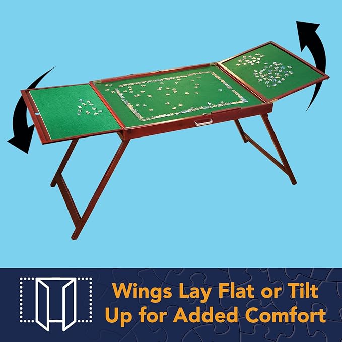 Bits and Pieces Fold-and-go Wooden Jigsaw Puzzle Table with Legs Folding Puzzle Board 1500 Pieces, Non-Slip Top, Carry Handle, 2 Felt Sorting Areas 66" x 25" Work Surface