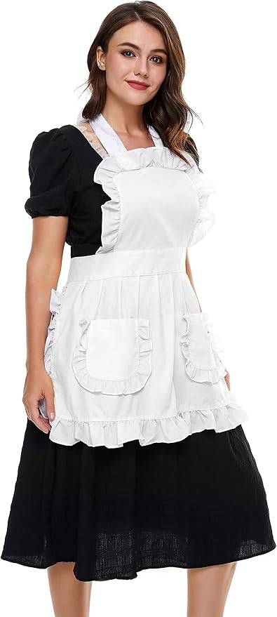Women's Ruffles Outline Retro Pockets Apron Kitchen Cooking Cleaning Maid Costume (White)