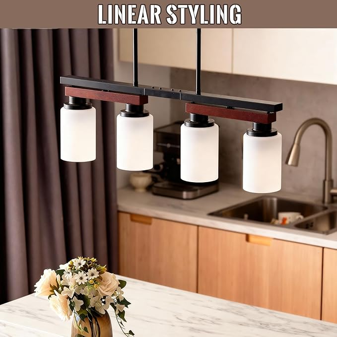4-Light Kitchen Island Lighting & Farmhouse Dining Room Light Fixtures Over Table, Rustic Wood Linear Chandelier Adjustable Ceiling Hanging Pendant - Rotating Design, Customizable Shapes, Milk Glass