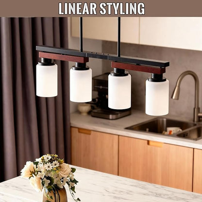 4-Light Kitchen Island Lighting & Farmhouse Dining Room Light Fixtures Over Table, Rustic Wood Linear Chandelier Adjustable Ceiling Hanging Pendant - Rotating Design, Customizable Shapes, Milk Glass