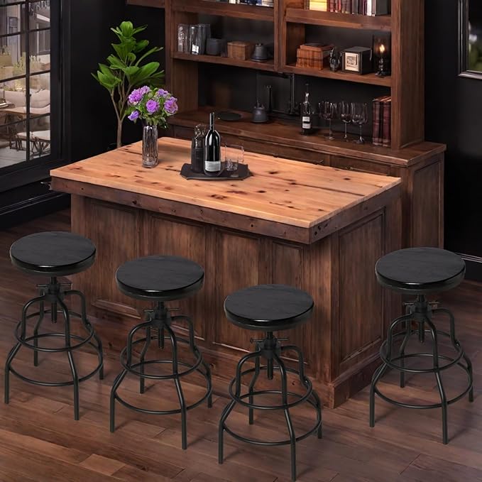 LOKKHAN 4-Pack Industrial Bar Stools, Heavy-Duty Black Metal Frame with Ergonomic Wood Seat, 360° Swivel Function, Height Adjustable (23.6" to 29.5") - Sturdy Design for Home & Commercial Use