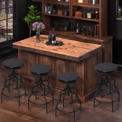 LOKKHAN 4-Pack Industrial Bar Stools, Heavy-Duty Black Metal Frame with Ergonomic Wood Seat, 360° Swivel Function, Height Adjustable (23.6" to 29.5") - Sturdy Design for Home & Commercial Use