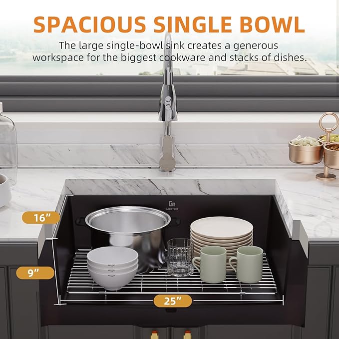 27-inch Granite Composite Kitchen Sink, GABETLET Undermount Quartz Kitchen Sinks with Spacious Workspace and Easy Cleaning, Black Single Bowl Deep Sink with Complete Accessories