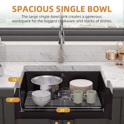 27-inch Granite Composite Kitchen Sink, GABETLET Undermount Quartz Kitchen Sinks with Spacious Workspace and Easy Cleaning, Black Single Bowl Deep Sink with Complete Accessories