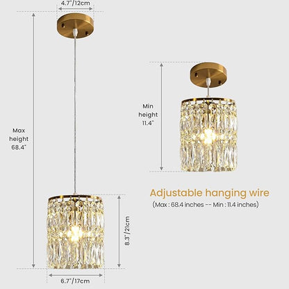Crystal Chandeliers for Dining Room Modern Gold Pendant Lights Height Adjustable Island Lights 1-Light Hanging Ceiling Lighting Fixture for Kitchen Bedroom Living Room Entryway