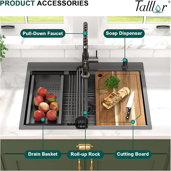 30 Inch Drop In Kitchen Sink with Faucet Combo - 30"x22" Workstation All-In One Gunmetal Black NANO-PVD 16 Gauge Stainless Steel Topmount Single Bowl Sink For Kitchen with Faucet #TLT-0023
