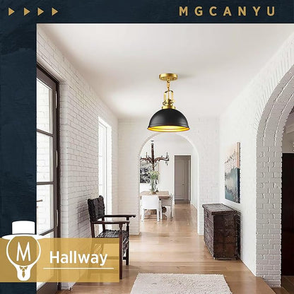 Farmhouse Black and Gold Pendant Lights Kitchen Island, Matte Black Dome Pendant Lighting Gold Vintage Metal Hanging Ceiling Light Fixture for Living Dining Room Restaurant Entrance Sink