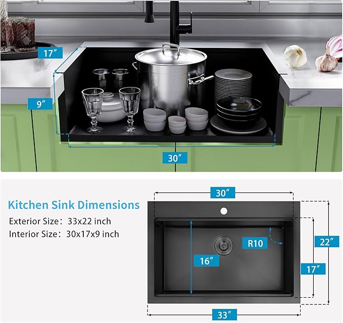 Black Drop In Kitchen Sink 33" X 22",Top Mount 16 Gauge Stainless Steel Workstation Sink,Deep & Large Single Bowl Kitchen Sinks (Black, 33" X 22")