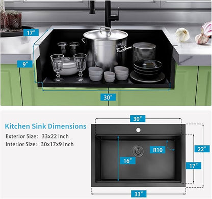 Black Drop In Kitchen Sink 33" X 22",Top Mount 16 Gauge Stainless Steel Workstation Sink,Deep & Large Single Bowl Kitchen Sinks (Black, 33" X 22")