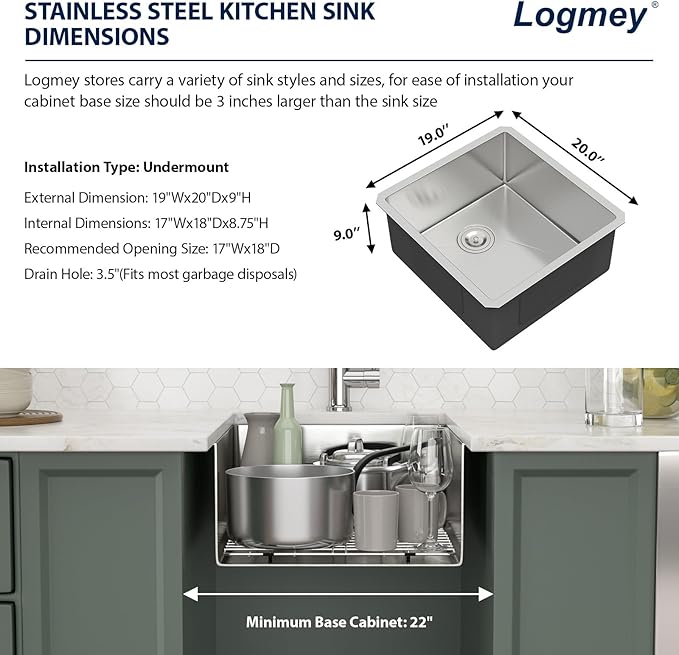 Logmey 19 Inch Undermount Bar Sink - 19x20 In Handmade Bar Prep Sink Stainless Steel 16 Gauge Small Bar Prep Sing Single Bowl Small Bar Sink