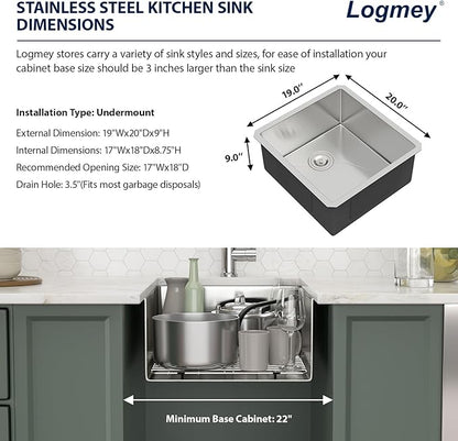 Logmey 19 Inch Undermount Bar Sink - 19x20 In Handmade Bar Prep Sink Stainless Steel 16 Gauge Small Bar Prep Sing Single Bowl Small Bar Sink