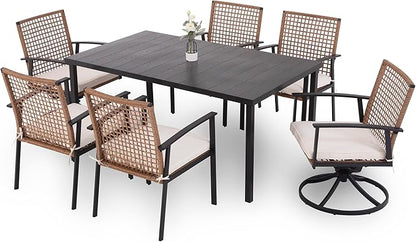 LAUSAINT HOME 7 Pieces Patio Dining Set, Outdoor Furniture Set of 6 Wicker Chairs (2 of Them Swivel) with Soft Cushion and Iron Slats Table Top with Umbrella Hole, Conversation Set for Backyard