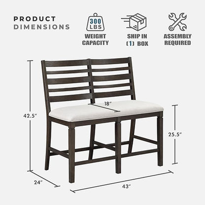 Lexicon 43" W Counter Height Dining Bench with Padded Seat, Ladder Back Wood Frame, Beige Textured Fabric Upholstered Dining Seat for Kitchen/Living Room, Easy Assembly, Dark Espresso