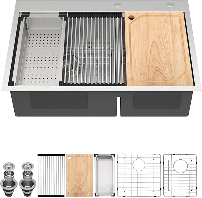33 Inch Drop-In Double Bowl Kitchen Sink, 16 Gauge 304 Stainless Steel 60/40 Low Divide Workstation All-In One Large Sink with Accessories, Brushed Nickel #TLDB-502