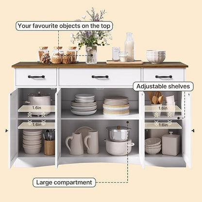 Gizoon Sideboard Buffet Cabinet with Storage, Modern Kitchen Sideboard and Coffee Bar with Drawers and Doors, Wood Buffet Table for Dining Room, 15.2" D x 55.1" W x 31.9" H, White/Rustic Brown