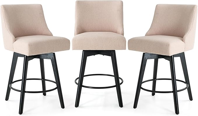 Vipbear Counter Height Bar Stools Set of 3, 26" H Swivel Bar Stools with Backs, Linen Fabric Upholstered Bar Chairs with Solid Wood Legs for Kitchen Island, Dining Room, Home Bar, Beige