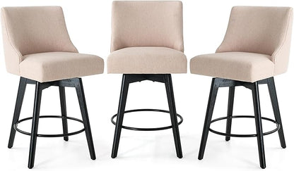 Counter Height Bar Stools Set of 3,Swivel Barstools with Backs and Wood Legs,Linen Fabric Upholstered Counter Stools for Kitchend Island,Mid-Century Modern 26"Seat Height Bar Chairs,Flax Beige