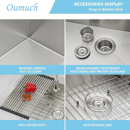 25 Inch Drop-In Utility Sink - 18 Gauge 25×22 Stainless Steel Single Bowl, 9-Inch Deep Topmount Sink for Kitchen & Laundry Room