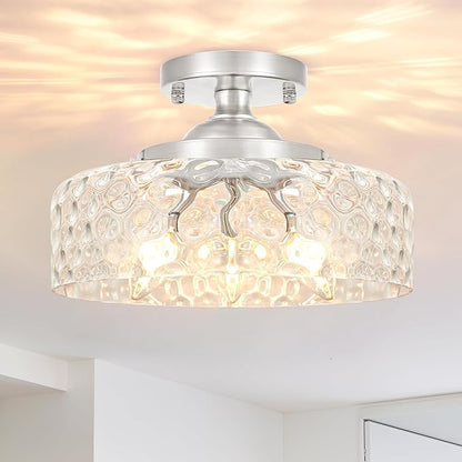 Daunton Brushed Nickel Semi Flush Mount Ceiling Light, 3-Light Ceiling Light with Hammered Glass, Vintage Hallway Light Fixtures, Kitchen Flush Ceiling Mount for Entryway Bedroom Bathroom,E12