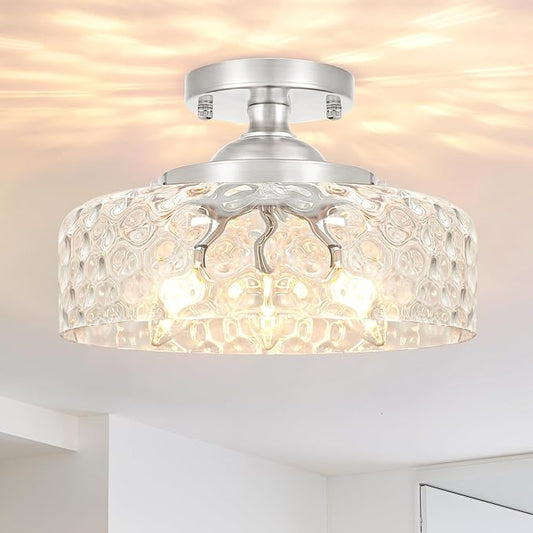 Daunton Brushed Nickel Semi Flush Mount Ceiling Light, 3-Light Ceiling Light with Hammered Glass, Vintage Hallway Light Fixtures, Kitchen Flush Ceiling Mount for Entryway Bedroom Bathroom,E12