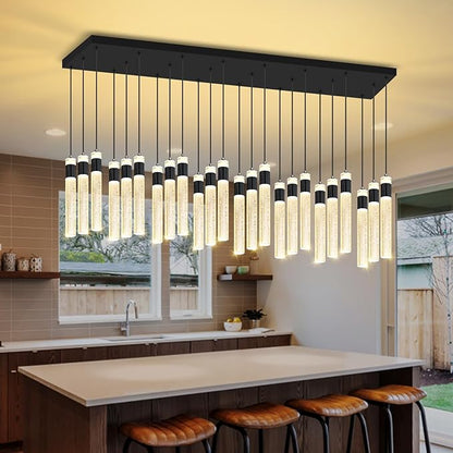 Glam Rectangular Crystal Column Chandelier for High Ceiling 24-Lights Black LED Dimmable Long Crystal Chandelier for Foyer Living Room Adjustable Height