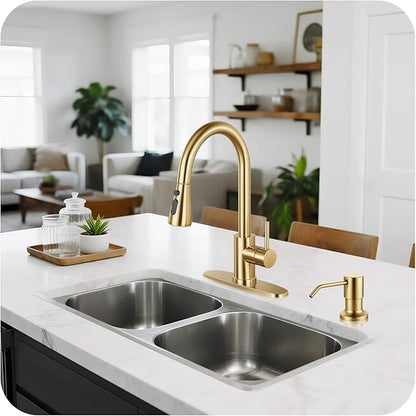 Pull Down Kitchen Faucet with Soap Dispenser - Brushed Gold Single Handle Kitchen Faucets, High Arc Stainless Steel Pull Out Kitchen Sink Faucet with Deck for RV Laundry Farmhouse Bar