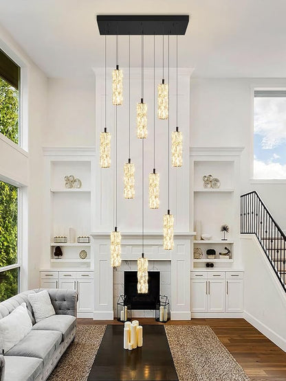 ykolupty Modern Crystal Chandelier 10-Lights Rectangle Pendant Light LED Dimmable Black Linear Chandelier Flush Mount Crystal Pendant Light for Living Room Dining Room Foyer