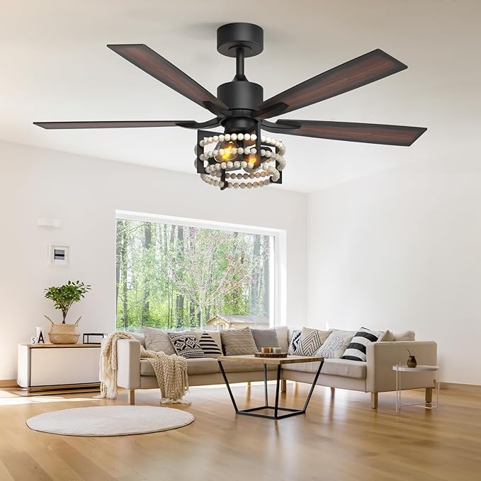 Consciot Boho Ceiling Fans with Lights Remote 52 Inch, Farmhouse Caged Ceiling Fan, 5 Double Finish Wood Blades, Reversible DC Motor, Rustic Ceiling Fan for Living Rooms, Bedrooms, Porch, Boho Decor