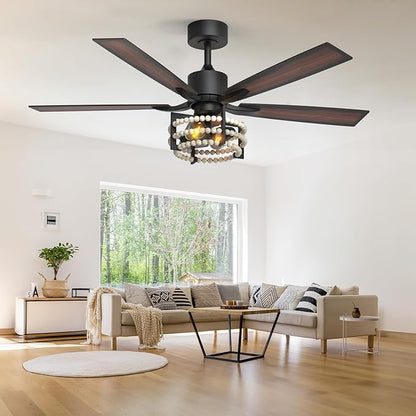 Consciot Boho Ceiling Fans with Lights Remote 52 Inch, Farmhouse Caged Ceiling Fan, 5 Double Finish Wood Blades, Reversible DC Motor, Rustic Ceiling Fan for Living Rooms, Bedrooms, Porch, Boho Decor