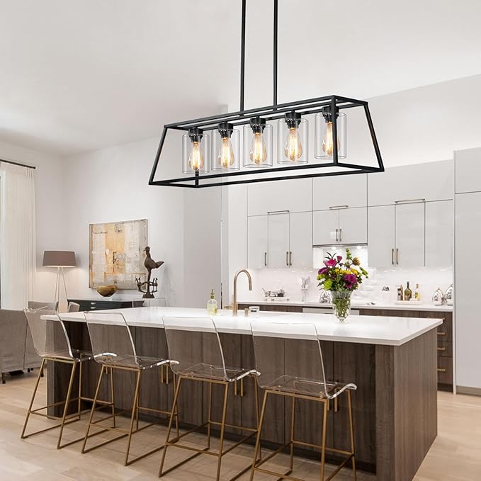 Kitchen Island Lighting,5-Light Black Chandeliers for Dining Room Light Fixtures Over Table, Farmhouse Rectangle Chandelier Island Lights for Kitchen with Cylinder Clear Glass